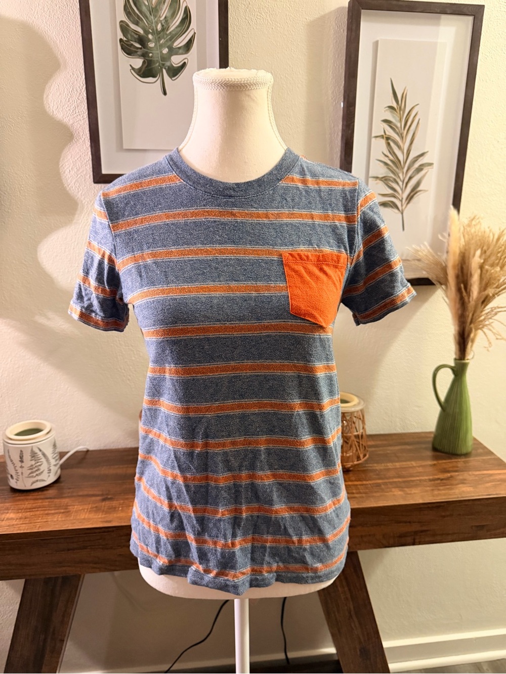 Kids Blue Orange Striped T Shirt Retro Pocket Tee Short Sleeve Youth M
